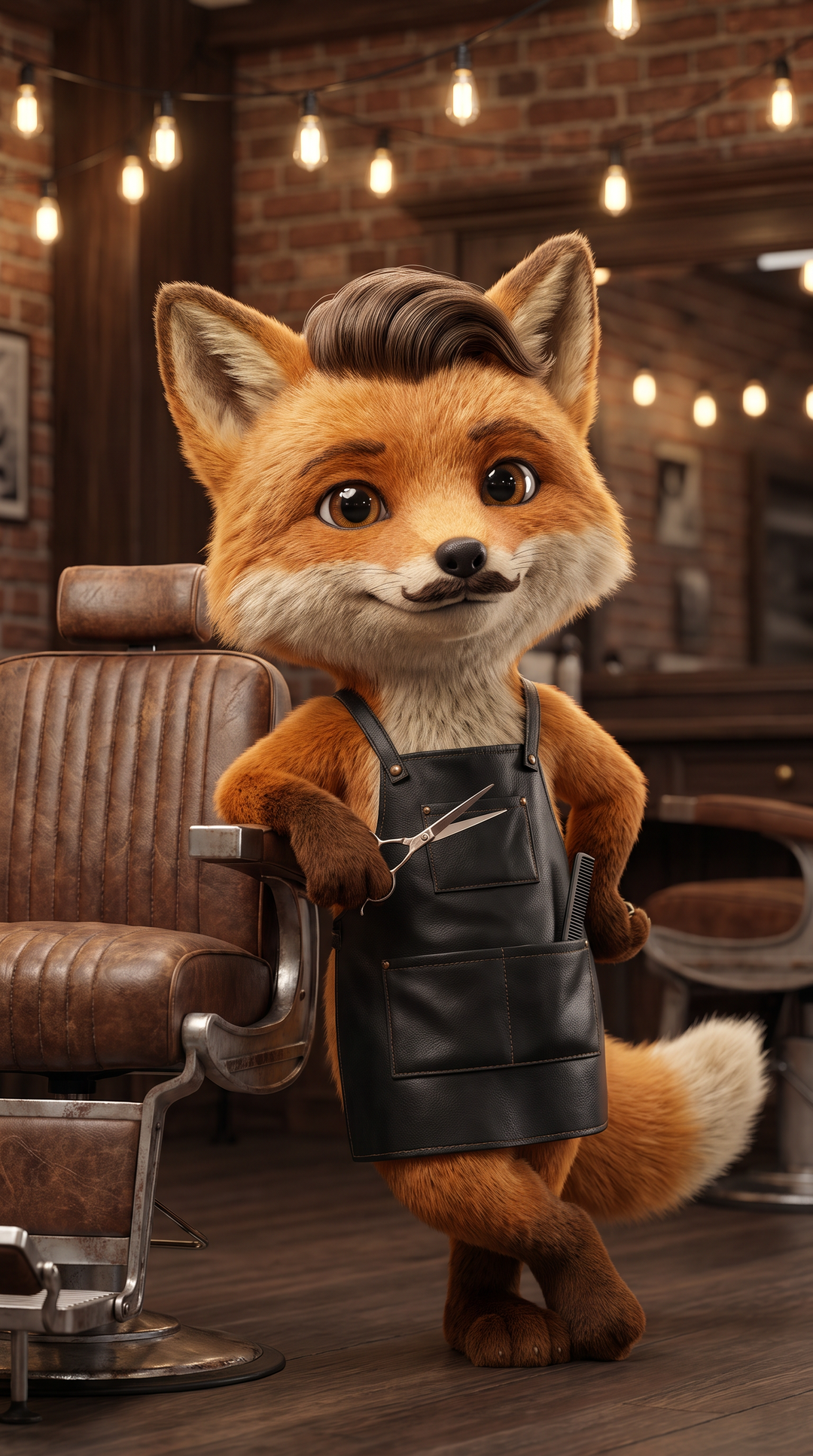 Mascote 3D de Raposo Barber criado com IA, o barbeiro mais estiloso da cidade