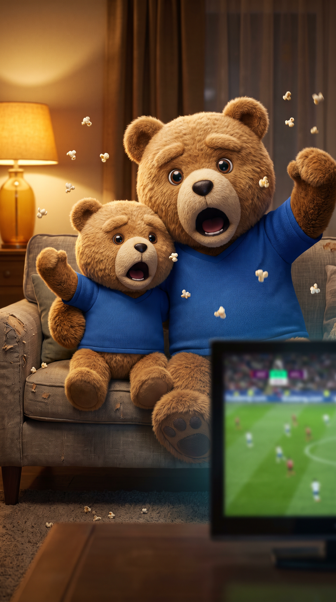 Mascote 3D de Urso & Ursinho criado com IA, pai e filho no sofá do jogo